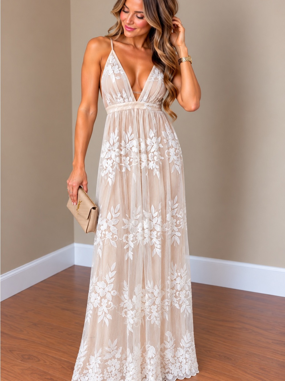 Sheer Floral Embroidered Maxi Dress in Cream